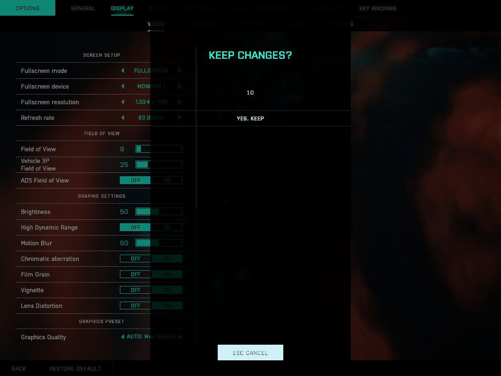 when you first enter the game, you will be asked to change the settings, and you cannot avoid that, and when you press keep before the countdown ends, the game will set the settings to 1042X 768 quality And you have to go to the settings again and do the reset